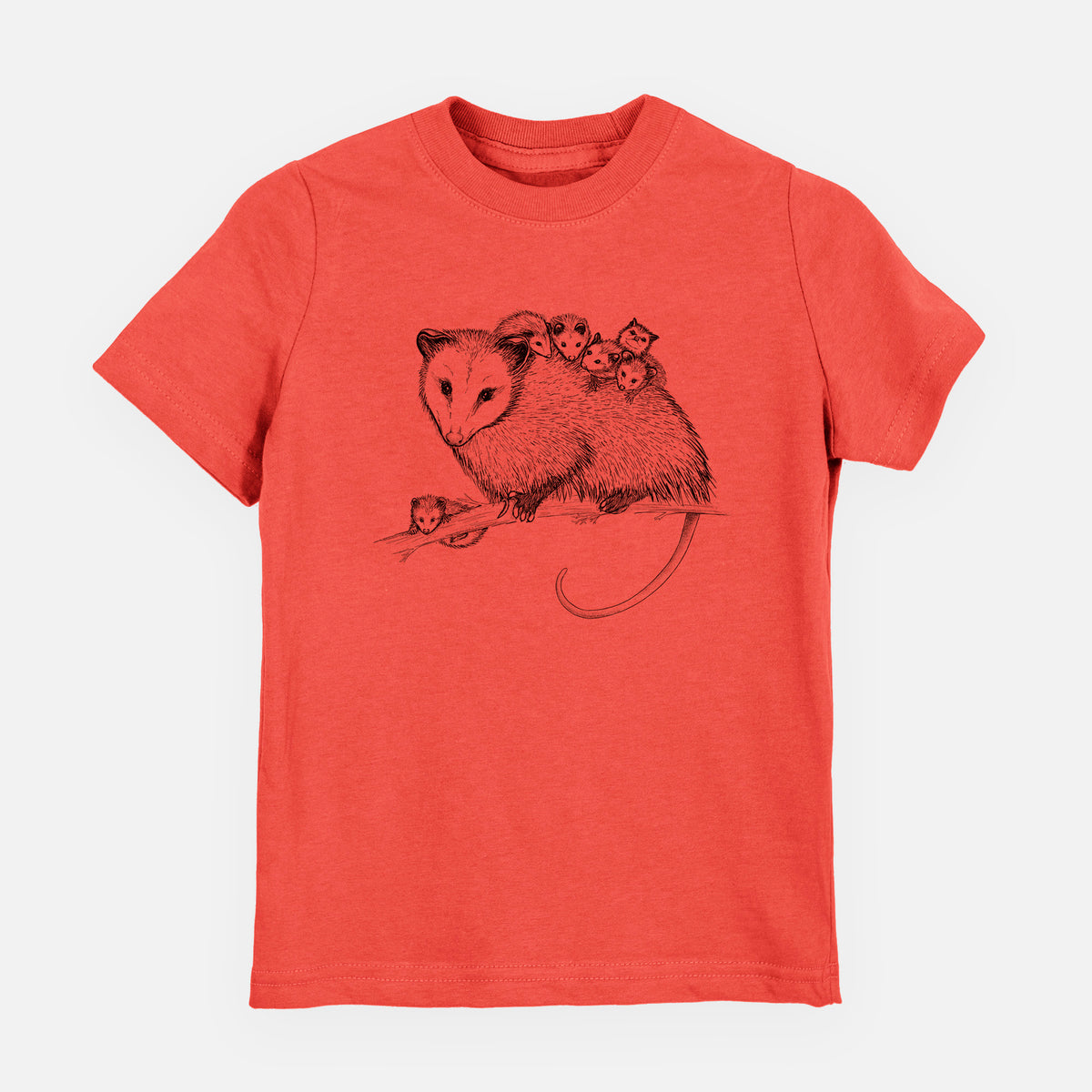 Passionfruit pink youth t-shirt laid flat, printed with a black ink illustration of a mother opossum on a branch carrying her babies on her back.