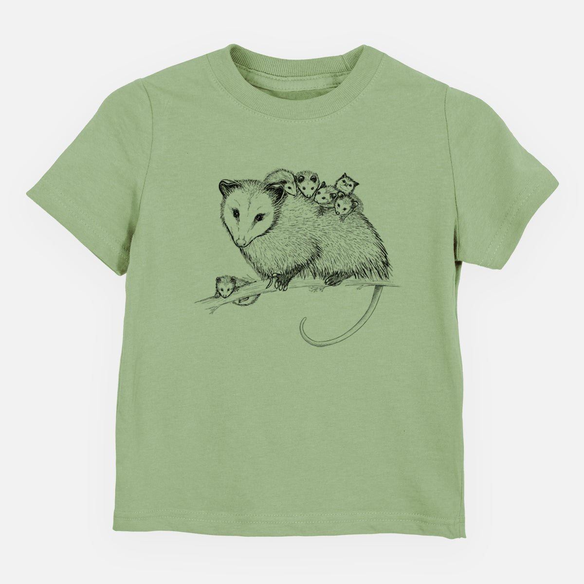 Sage green toddler t-shirt laid flat, printed with a black ink illustration of a mother opossum on a branch carrying her babies on her back.