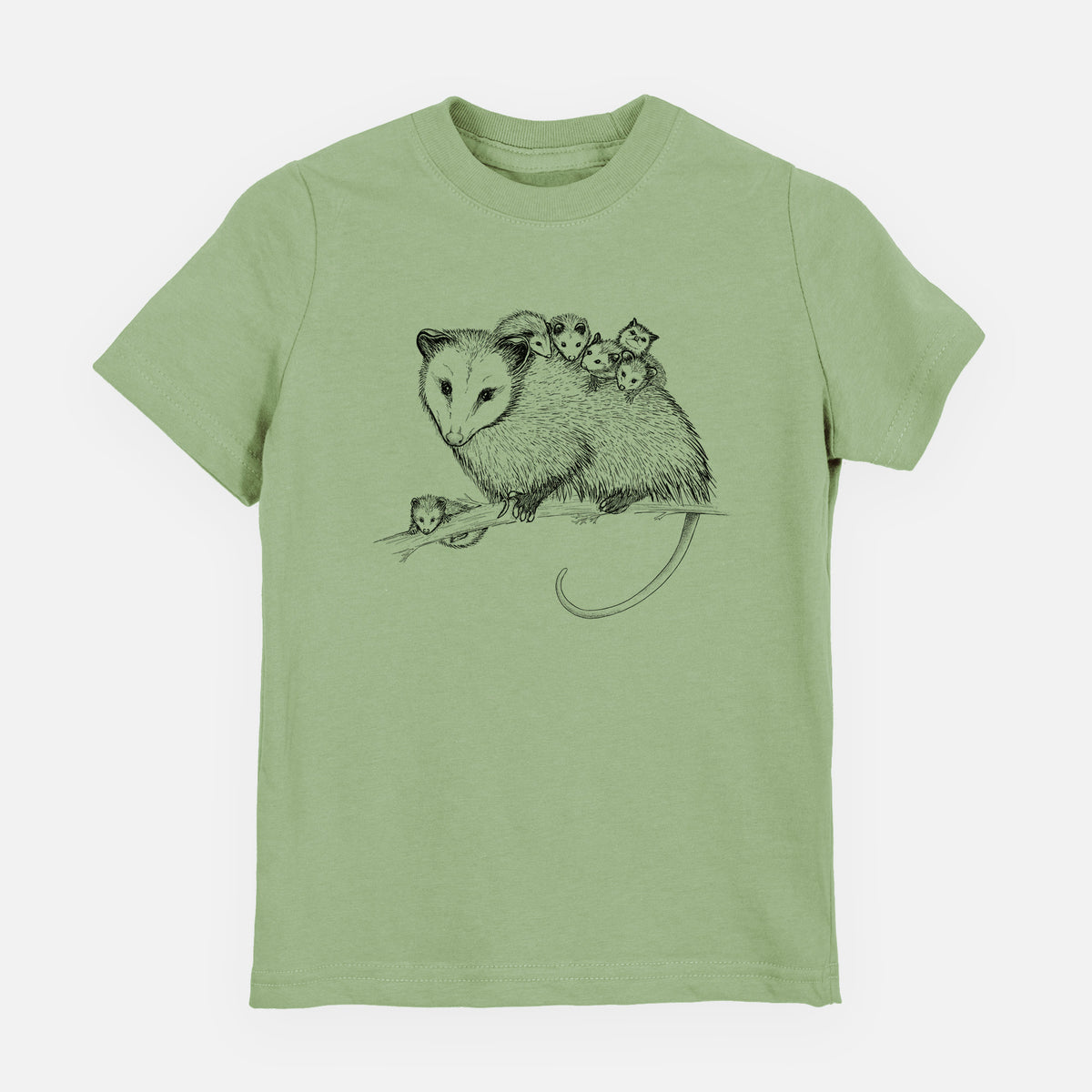 Sage green youth t-shirt laid flat, printed with a black ink illustration of a mother opossum on a branch carrying her babies on her back.