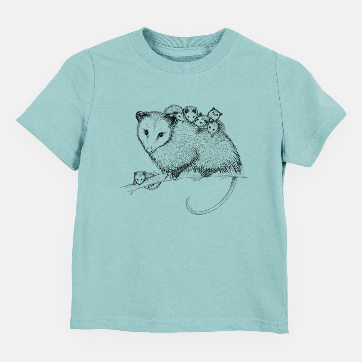 Saltwater toddler t-shirt laid flat, printed with a black ink illustration of a mother opossum on a branch carrying her babies on her back.