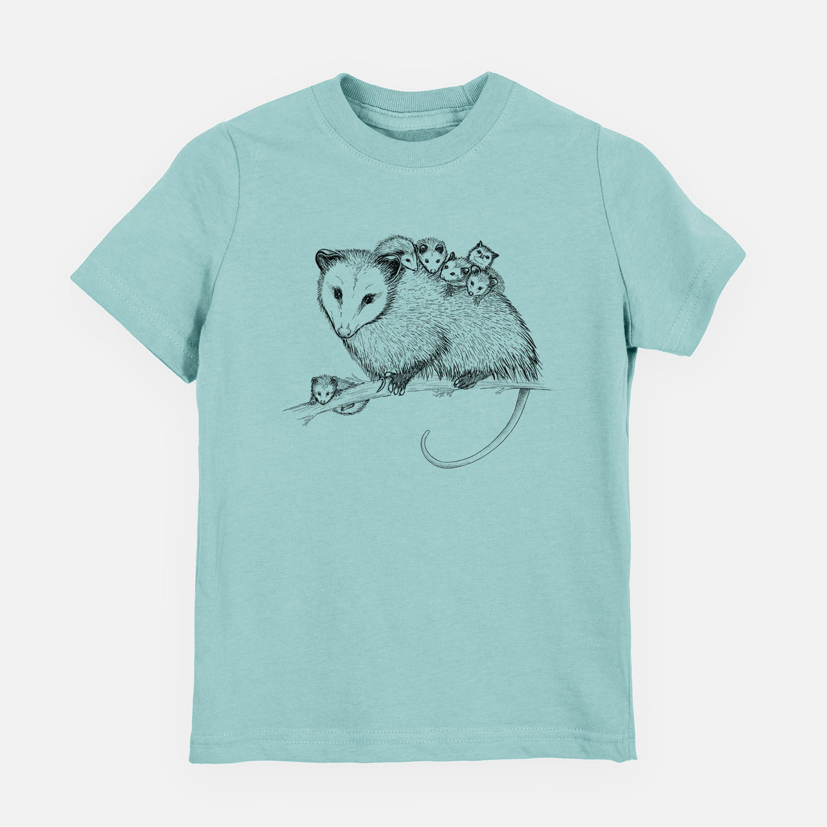 Saltwater youth t-shirt laid flat, printed with a black ink illustration of a mother opossum on a branch carrying her babies on her back.
