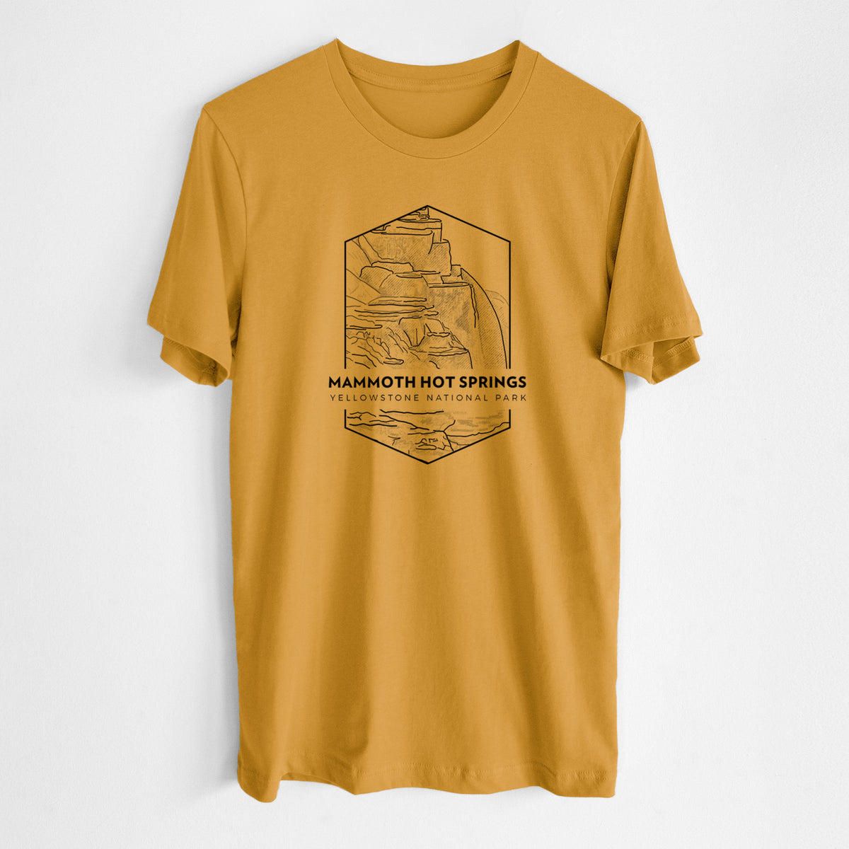 Honeycomb yellow lightweight cotton t-shirt laid flat, printed with a black line art badge of the terraces at Mammoth Hot Springs, with the words Mammoth Hot Springs, Yellowstone National Park.