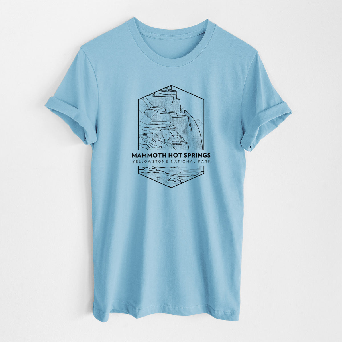 Ocean blue lightweight cotton t-shirt laid flat, printed with a black line art badge of the terraces at Mammoth Hot Springs, with the words Mammoth Hot Springs, Yellowstone National Park.