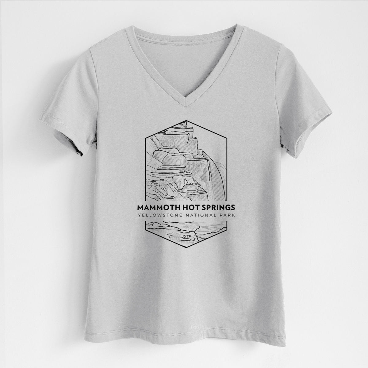 Lunar grey women's relaxed fit cotton V-neck t-shirt laid flat, printed with a black line art badge of the terraces at Mammoth Hot Springs, with the words Mammoth Hot Springs, Yellowstone National Park.