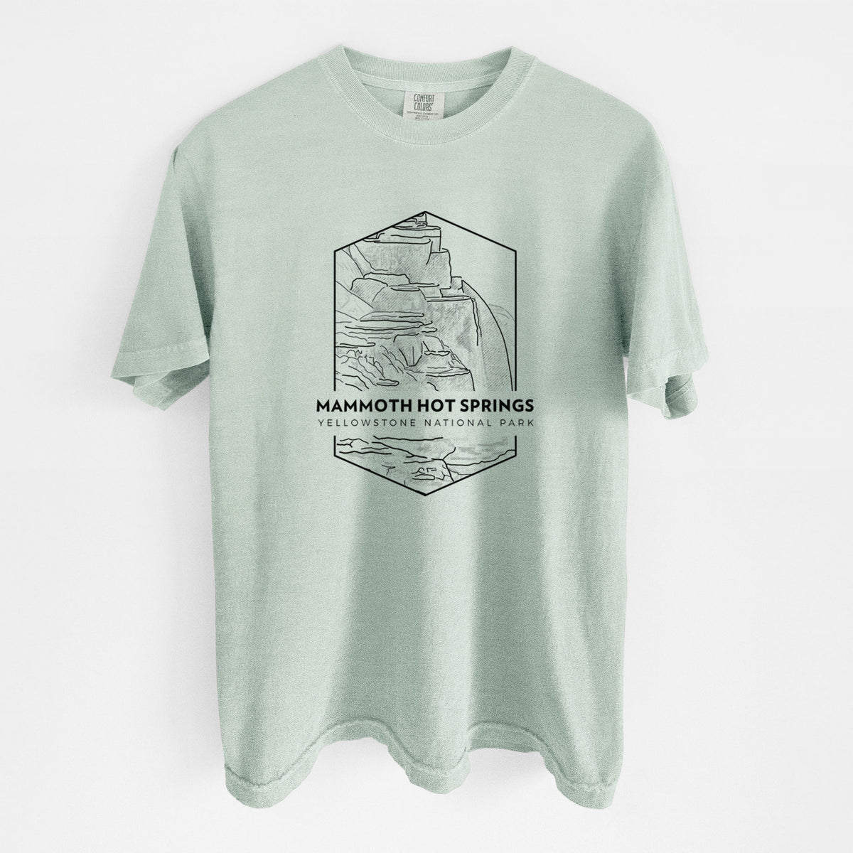 Bay green Comfort Colors t-shirt laid flat, printed with a black line art badge of the terraces at Mammoth Hot Springs, with the words Mammoth Hot Springs, Yellowstone National Park.