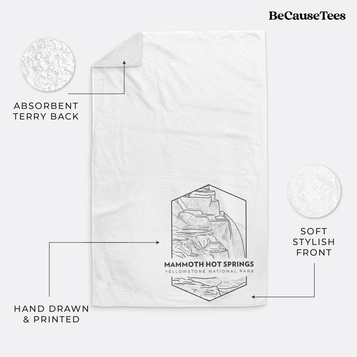 White hand towel printed with a black line art badge of the terraces at Mammoth Hot Springs, with the words Mammoth Hot Springs, Yellowstone National Park.