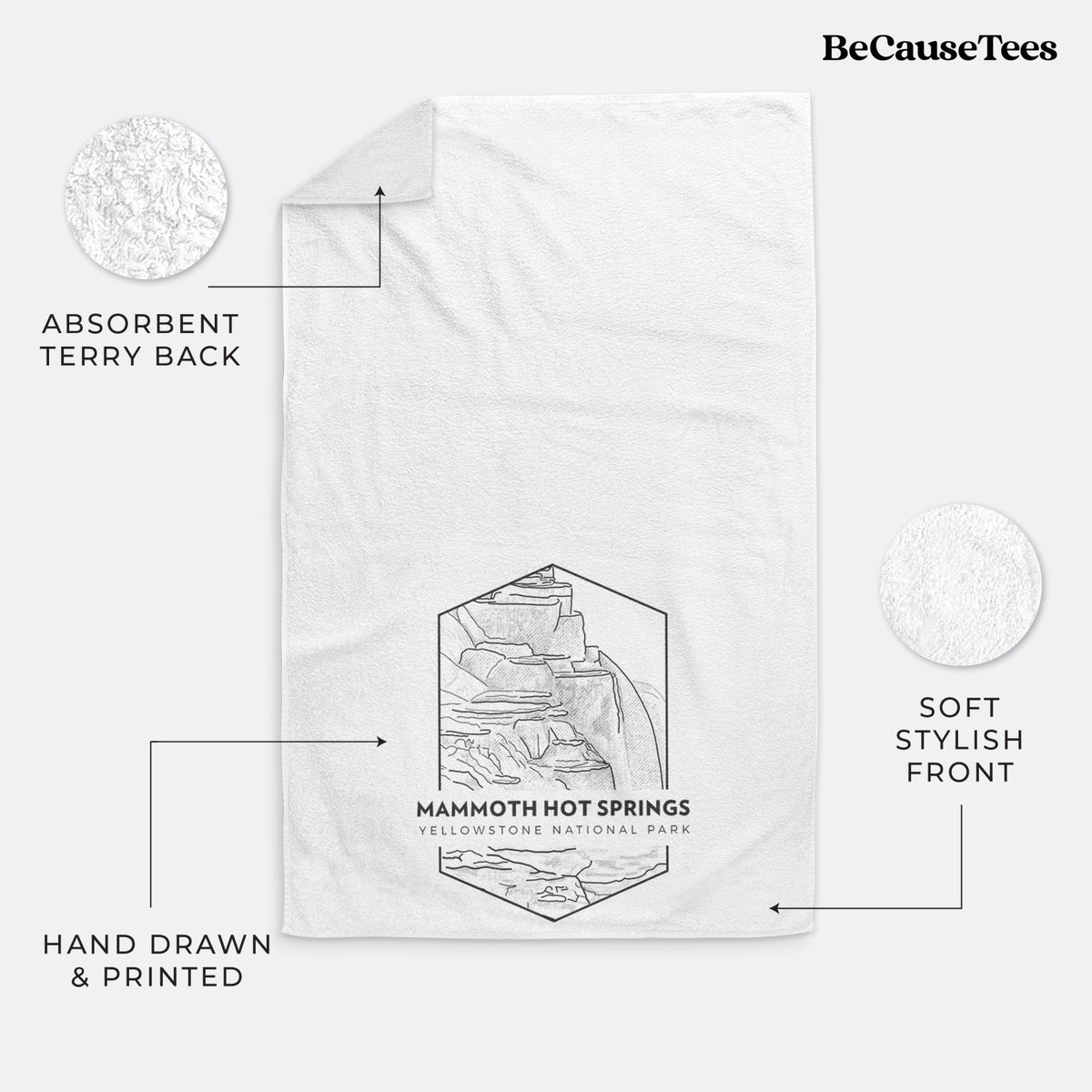 White hand towel printed with a black line art badge of the terraces at Mammoth Hot Springs, with the words Mammoth Hot Springs, Yellowstone National Park.