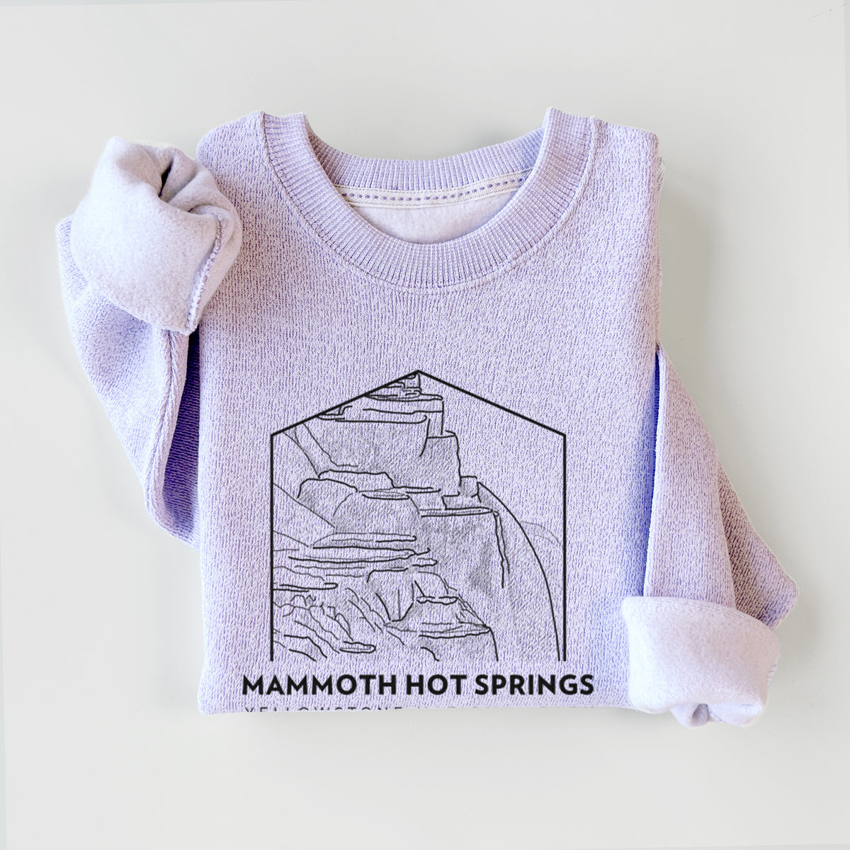 Ice purple knit sweatshirt printed with a black line art badge of the terraces at Mammoth Hot Springs, with the words Mammoth Hot Springs, Yellowstone National Park, styled flat.