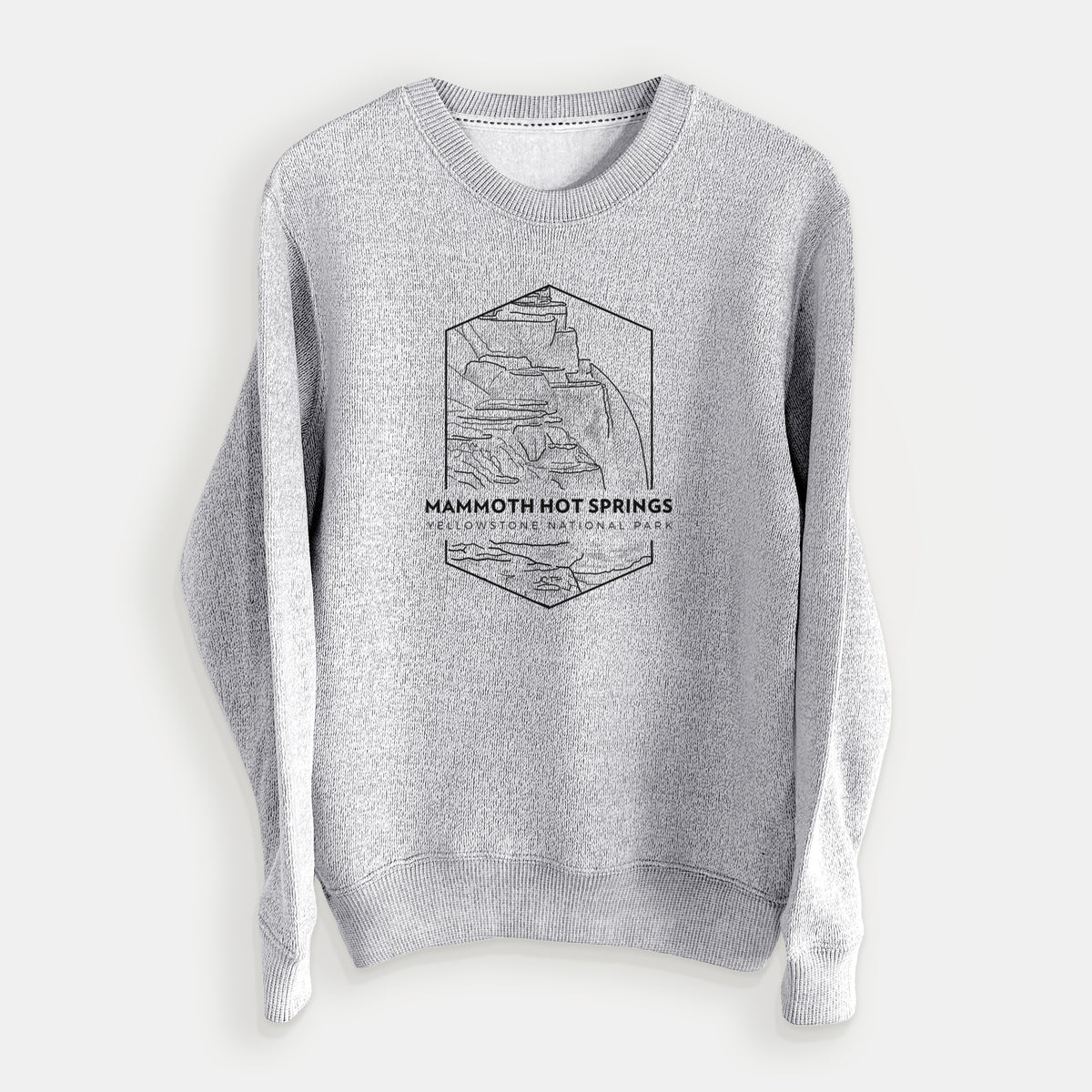 Salt and pepper knit sweatshirt laid flat, printed with a black line art badge of the terraces at Mammoth Hot Springs, with the words Mammoth Hot Springs, Yellowstone National Park.