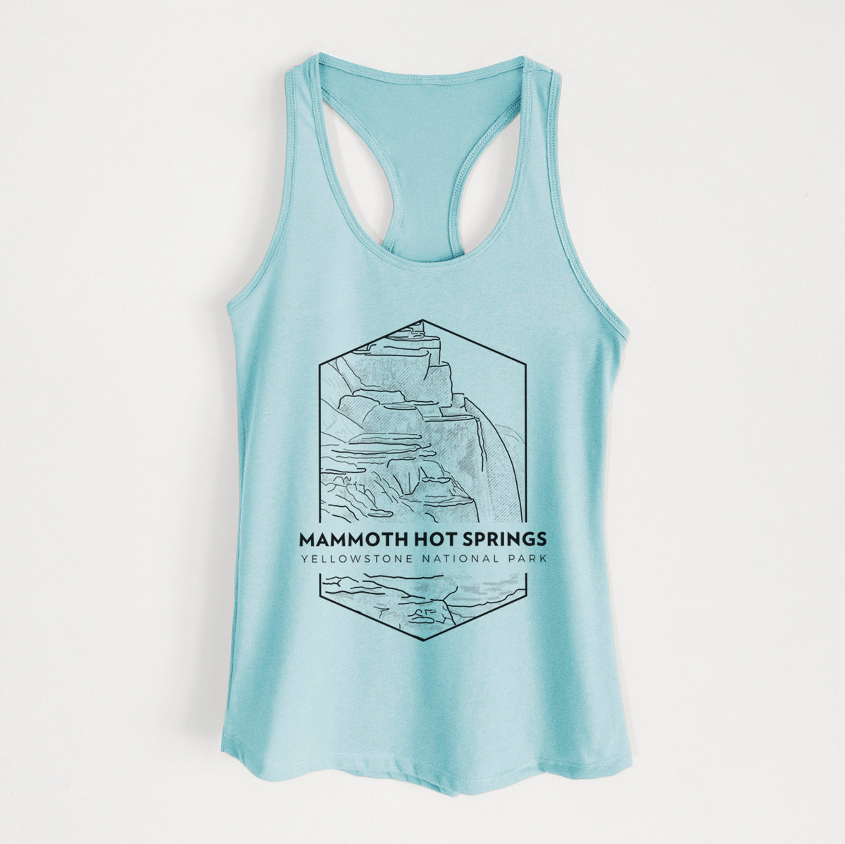 Cancun blue women's racerback tank top laid flat, printed with a black line art badge of the terraces at Mammoth Hot Springs, with the words Mammoth Hot Springs, Yellowstone National Park.