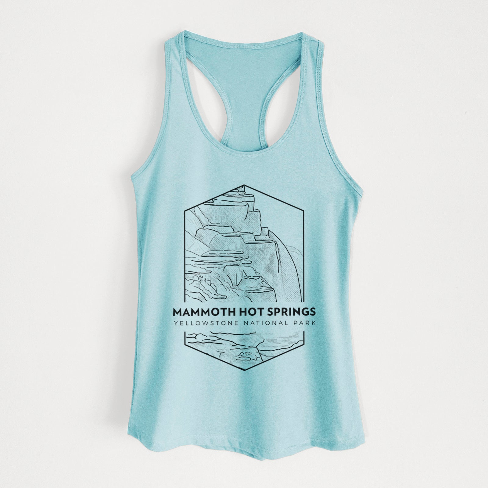 Banana cream women's racerback tank top laid flat, printed with a black line art badge of the terraces at Mammoth Hot Springs, with the words Mammoth Hot Springs, Yellowstone National Park.