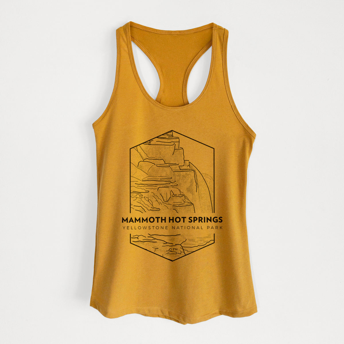 Gold women's racerback tank top laid flat, printed with a black line art badge of the terraces at Mammoth Hot Springs, with the words Mammoth Hot Springs, Yellowstone National Park.