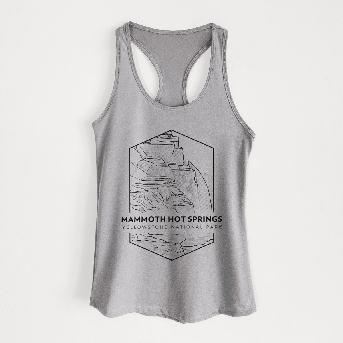 Heather grey women's racerback tank top laid flat, printed with a black line art badge of the terraces at Mammoth Hot Springs, with the words Mammoth Hot Springs, Yellowstone National Park.
