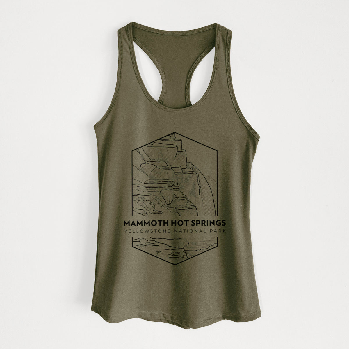 Military green women's racerback tank top laid flat, printed with a black line art badge of the terraces at Mammoth Hot Springs, with the words Mammoth Hot Springs, Yellowstone National Park.