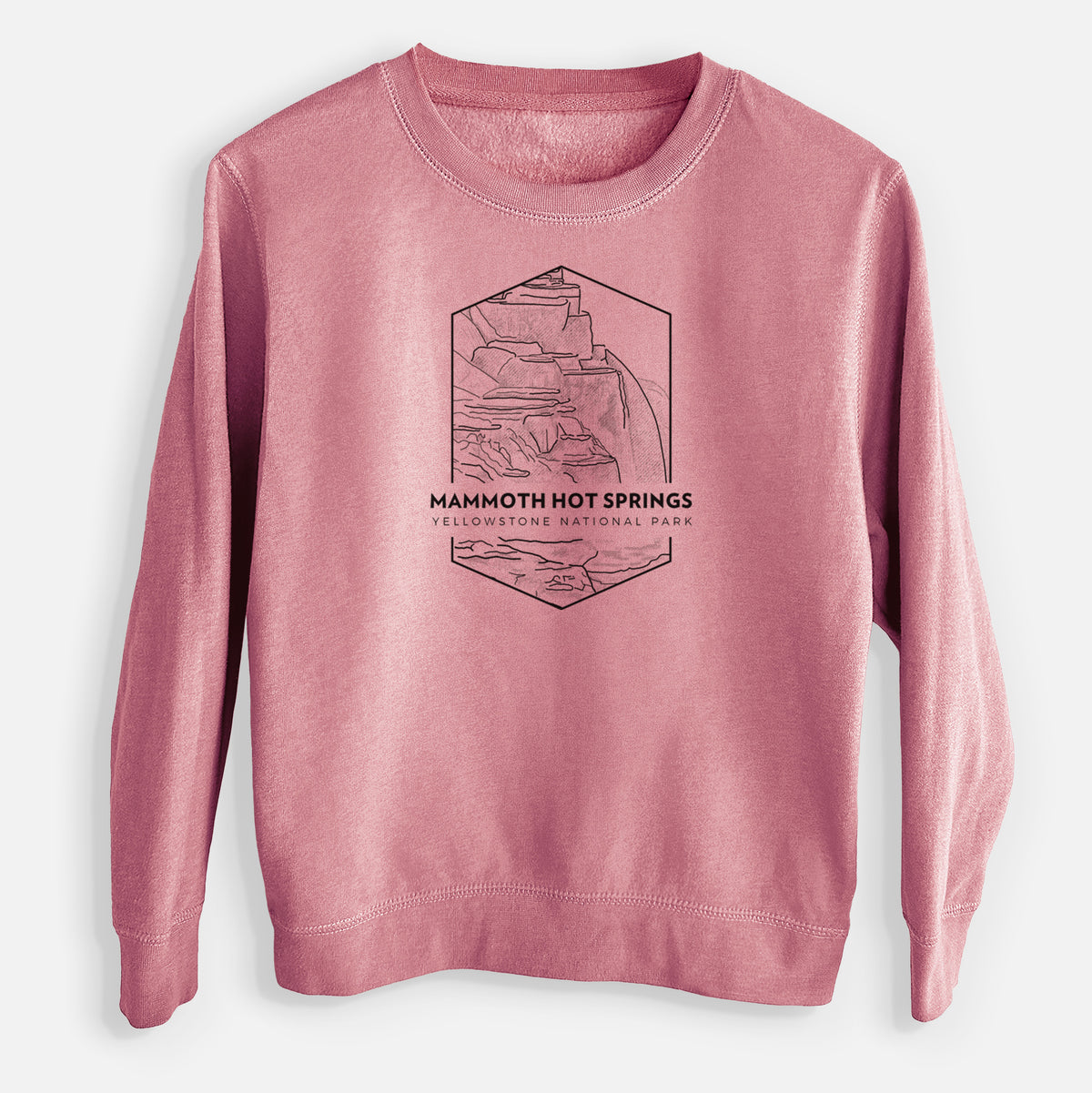 Mauve pink youth crewneck sweatshirt laid flat, printed with a black line art badge of the terraces at Mammoth Hot Springs, with the words Mammoth Hot Springs, Yellowstone National Park.