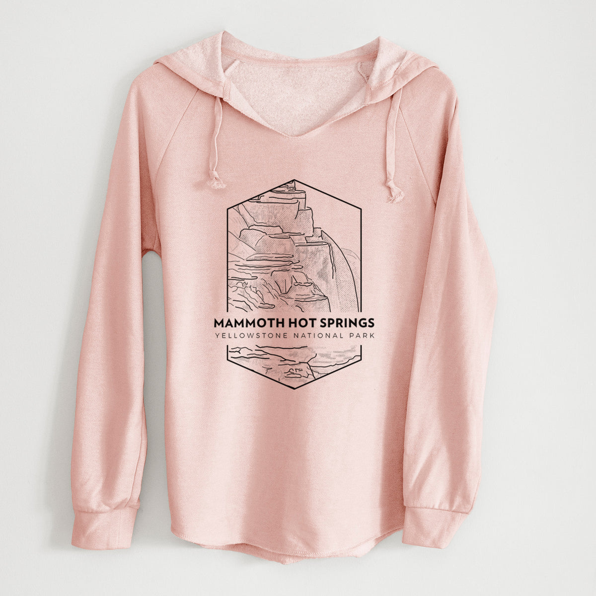 Blush pink women's Cali Wave hooded sweatshirt laid flat, printed with a black line art badge of the terraces at Mammoth Hot Springs, with the words Mammoth Hot Springs, Yellowstone National Park.