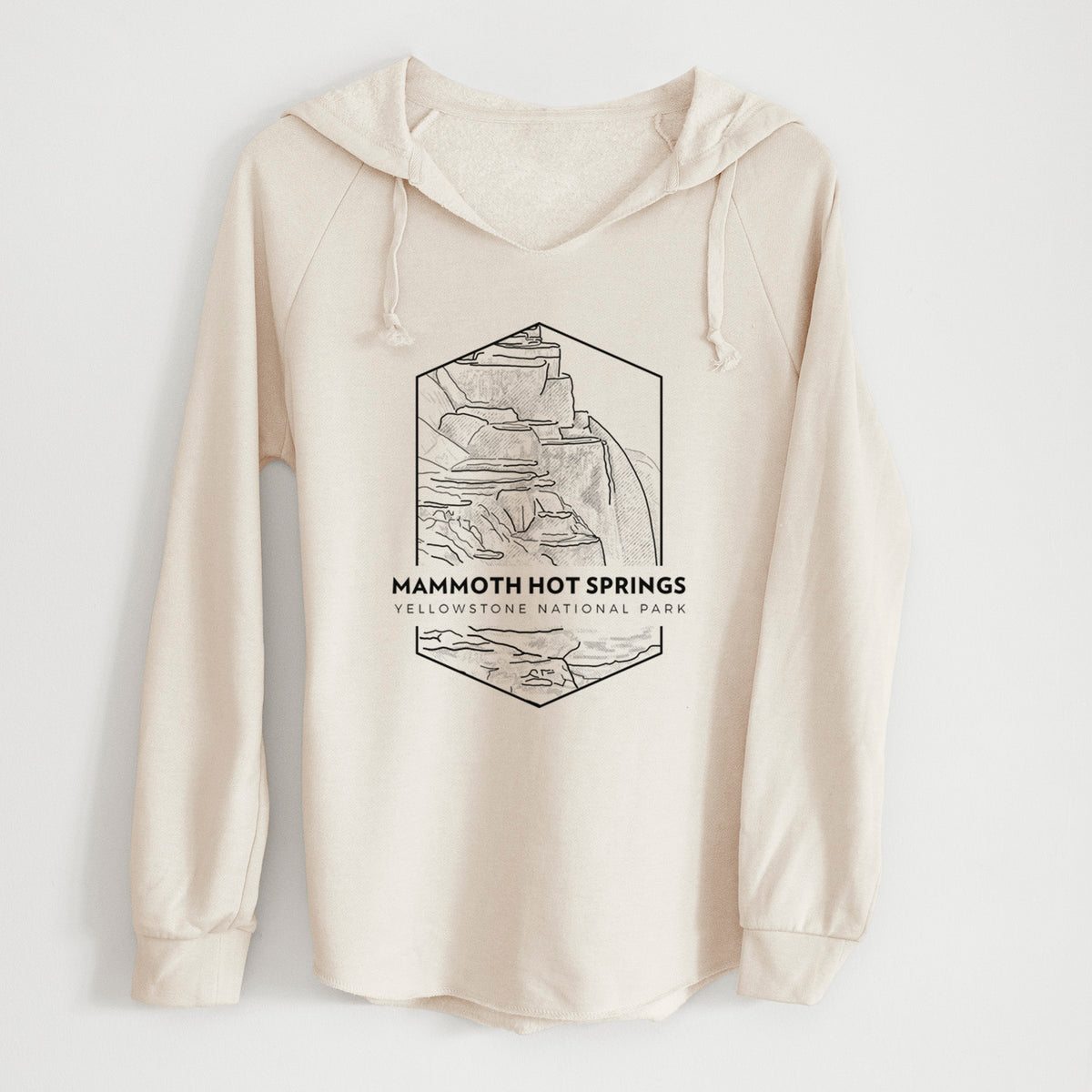 Bone cream women's Cali Wave hooded sweatshirt laid flat, printed with a black line art badge of the terraces at Mammoth Hot Springs, with the words Mammoth Hot Springs, Yellowstone National Park.