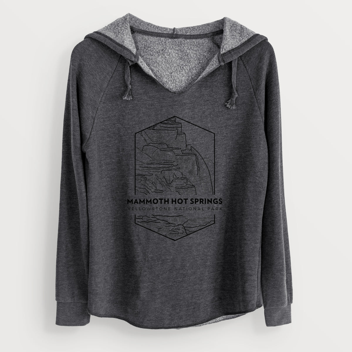 Charcoal grey women's Cali Wave hooded sweatshirt laid flat, printed with a black line art badge of the terraces at Mammoth Hot Springs, with the words Mammoth Hot Springs, Yellowstone National Park.