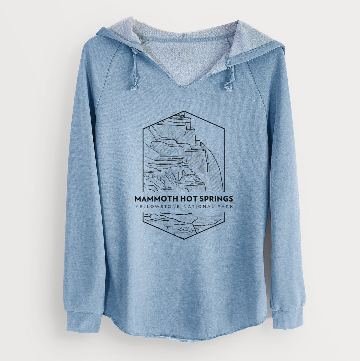 Misty blue women's Cali Wave hooded sweatshirt laid flat, printed with a black line art badge of the terraces at Mammoth Hot Springs, with the words Mammoth Hot Springs, Yellowstone National Park.