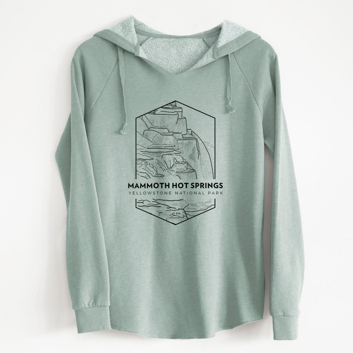 Sage green women's Cali Wave hooded sweatshirt laid flat, printed with a black line art badge of the terraces at Mammoth Hot Springs, with the words Mammoth Hot Springs, Yellowstone National Park.