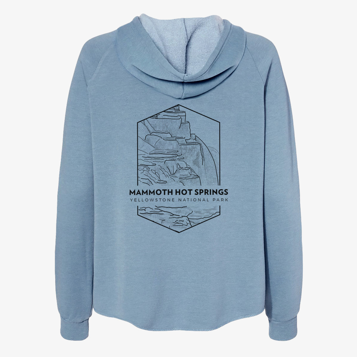 Misty blue women's Cali Wave zip-up sweatshirt laid flat, printed with a black line art badge of the terraces at Mammoth Hot Springs, with the words Mammoth Hot Springs, Yellowstone National Park.