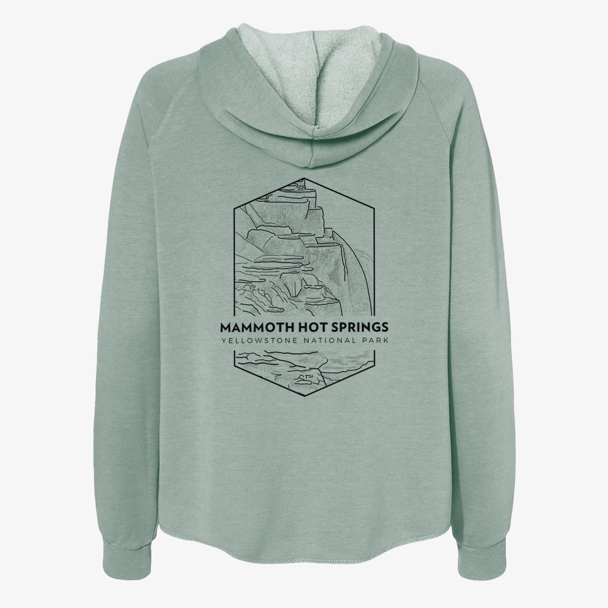 Sage green women's Cali Wave zip-up sweatshirt laid flat, printed with a black line art badge of the terraces at Mammoth Hot Springs, with the words Mammoth Hot Springs, Yellowstone National Park.