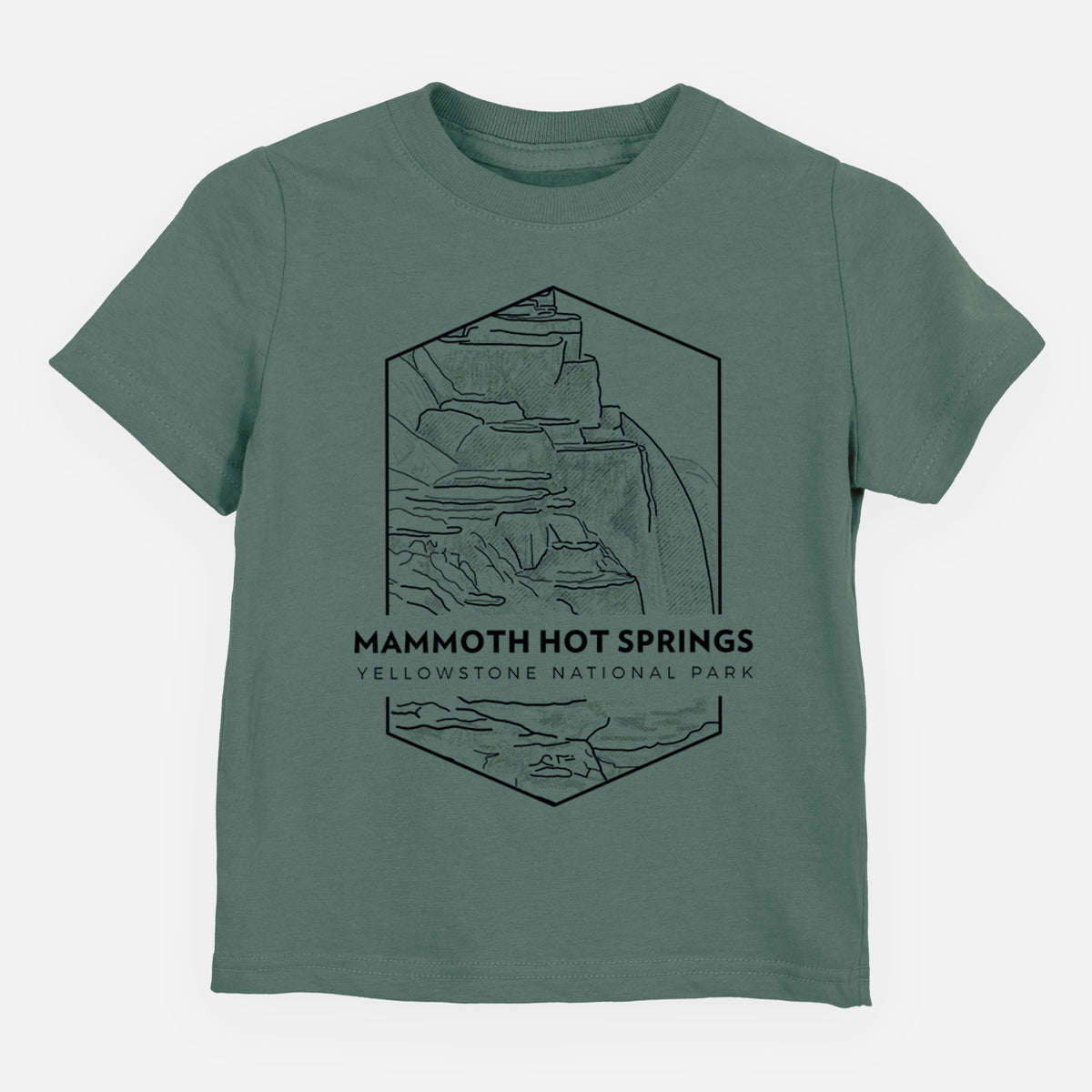Basil green toddler t-shirt laid flat, printed with a black line art badge of the terraces at Mammoth Hot Springs, with the words Mammoth Hot Springs, Yellowstone National Park.