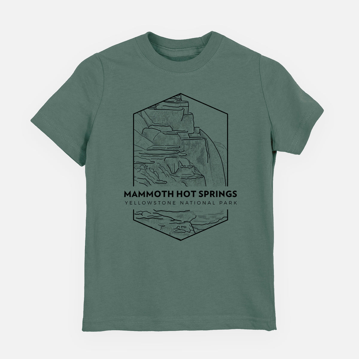 Basil green youth t-shirt laid flat, printed with a black line art badge of the terraces at Mammoth Hot Springs, with the words Mammoth Hot Springs, Yellowstone National Park.
