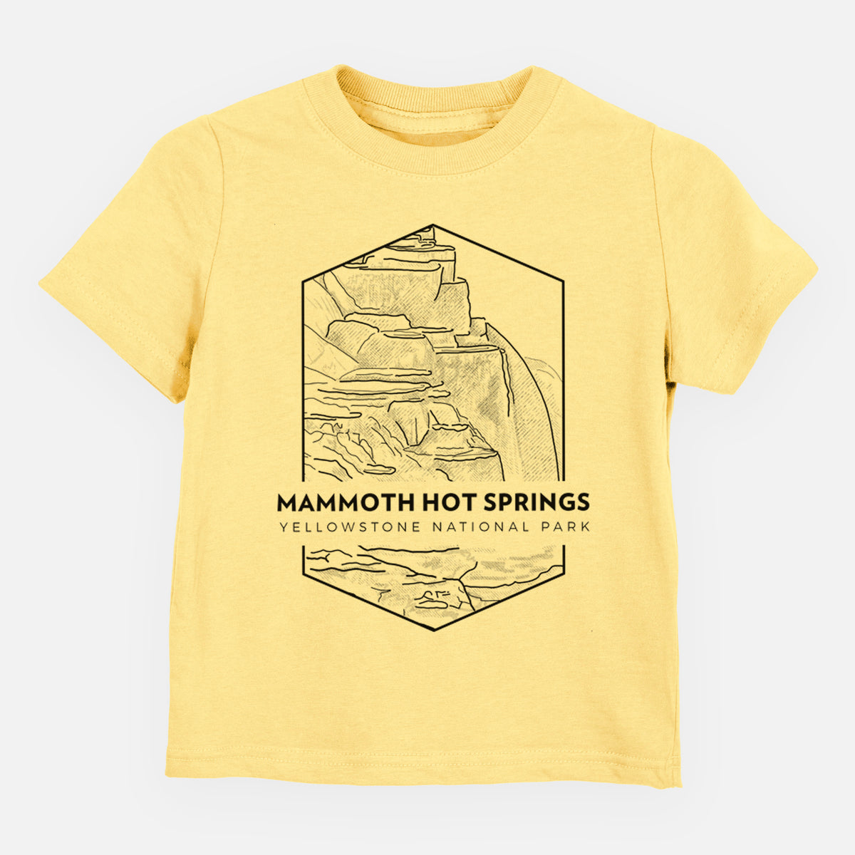Butter yellow toddler t-shirt laid flat, printed with a black line art badge of the terraces at Mammoth Hot Springs, with the words Mammoth Hot Springs, Yellowstone National Park.