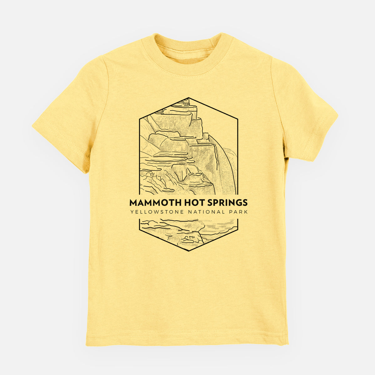 Butter yellow youth t-shirt laid flat, printed with a black line art badge of the terraces at Mammoth Hot Springs, with the words Mammoth Hot Springs, Yellowstone National Park.