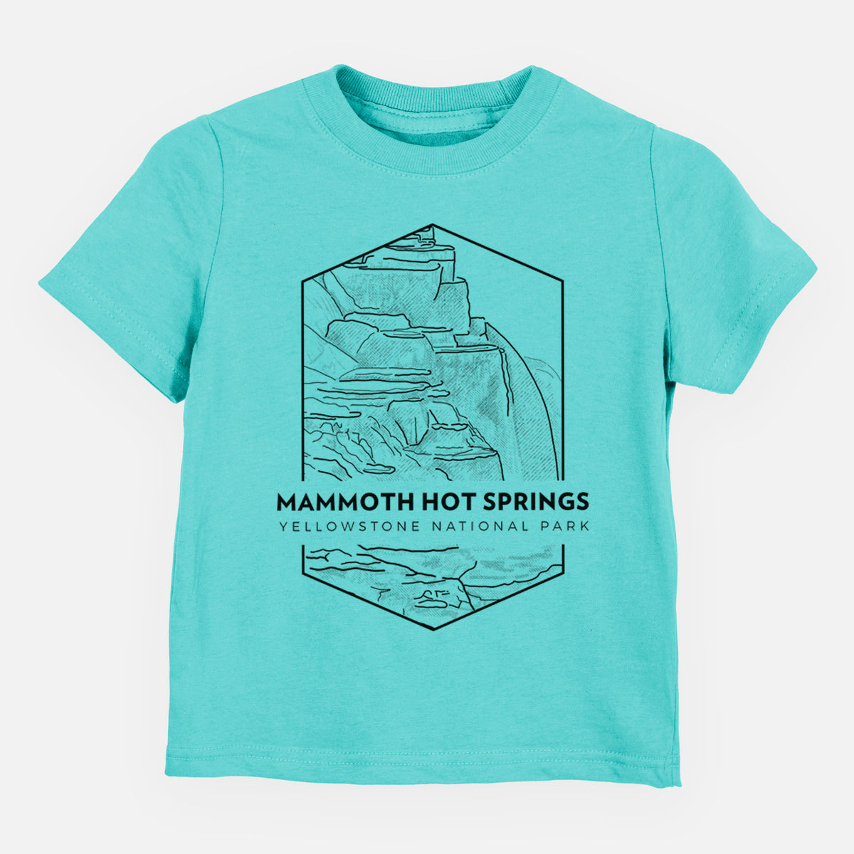 Caribbean blue toddler t-shirt laid flat, printed with a black line art badge of the terraces at Mammoth Hot Springs, with the words Mammoth Hot Springs, Yellowstone National Park.