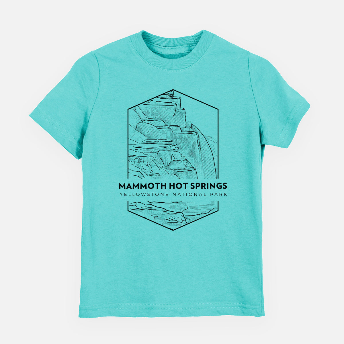 Caribbean blue youth t-shirt laid flat, printed with a black line art badge of the terraces at Mammoth Hot Springs, with the words Mammoth Hot Springs, Yellowstone National Park.