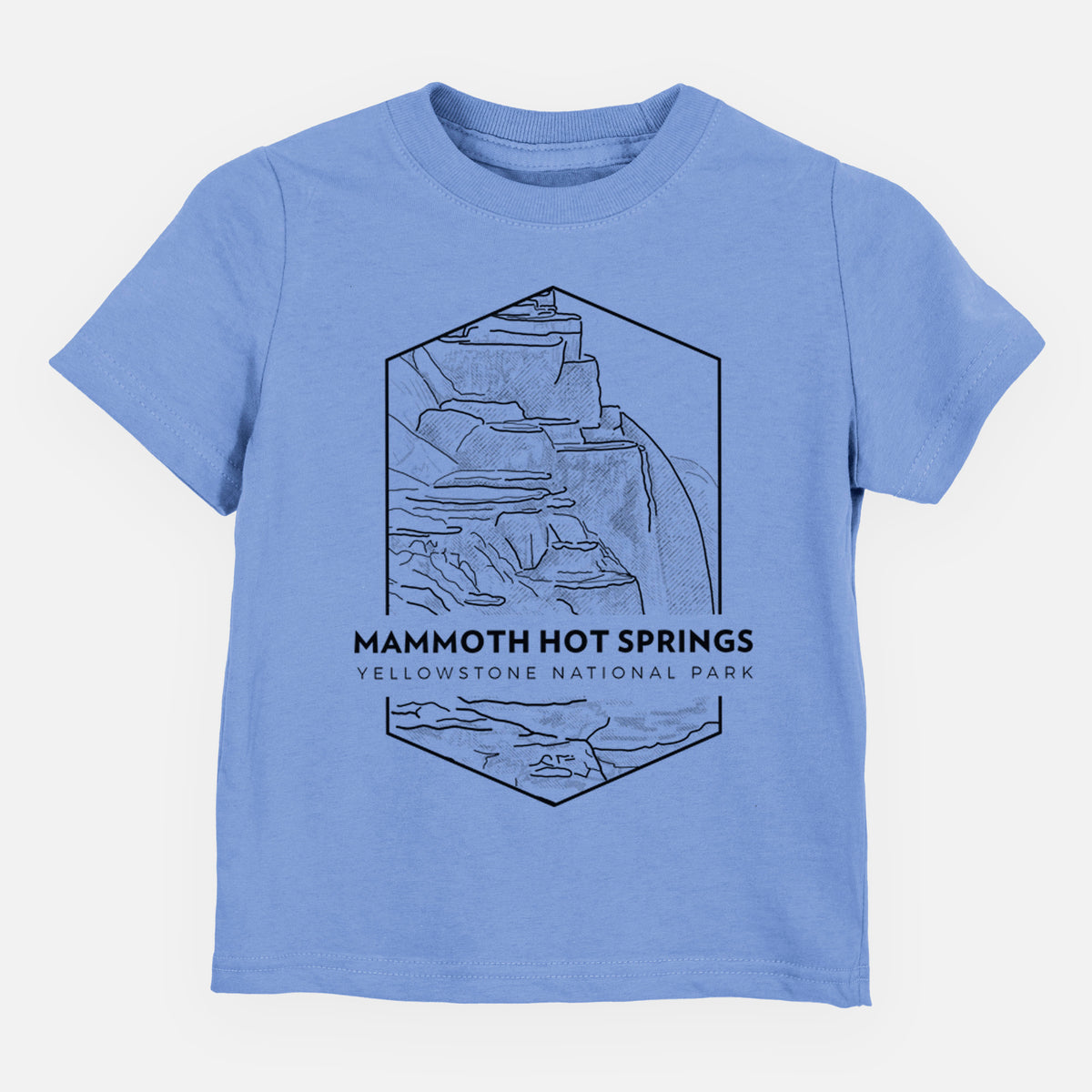 Carolina blue toddler t-shirt laid flat, printed with a black line art badge of the terraces at Mammoth Hot Springs, with the words Mammoth Hot Springs, Yellowstone National Park.