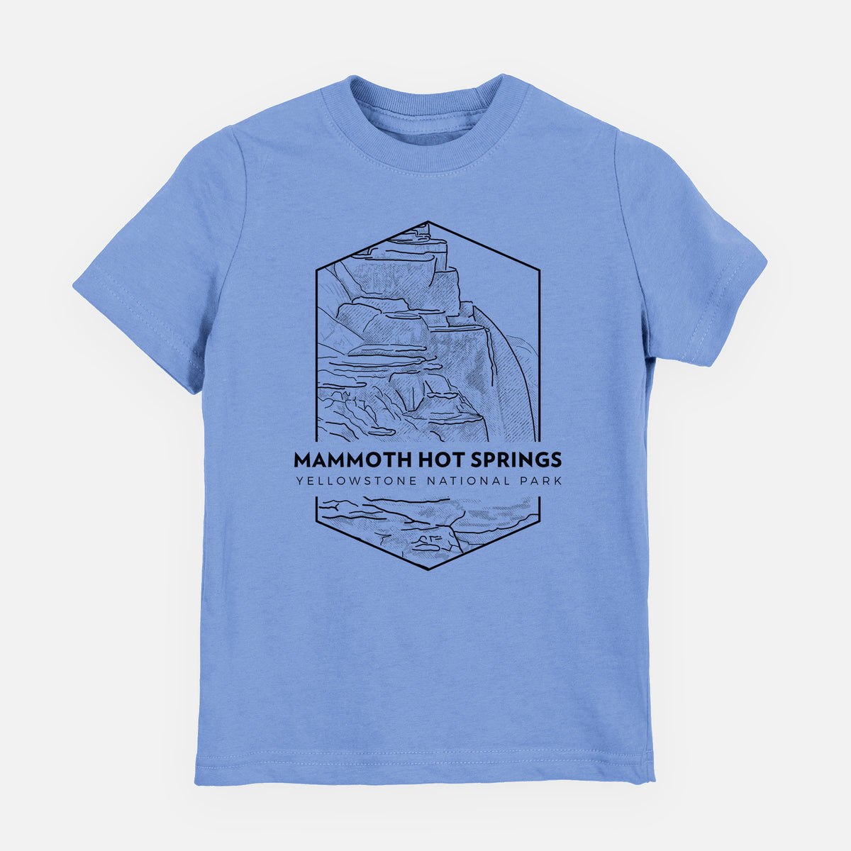 Carolina blue youth t-shirt laid flat, printed with a black line art badge of the terraces at Mammoth Hot Springs, with the words Mammoth Hot Springs, Yellowstone National Park.