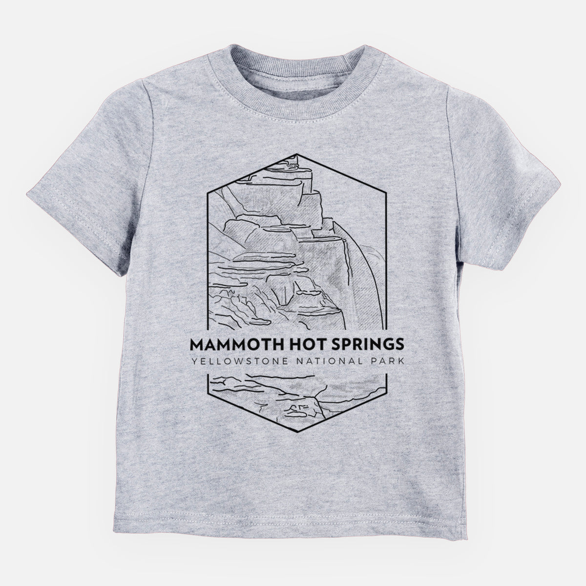 Heather grey toddler t-shirt laid flat, printed with a black line art badge of the terraces at Mammoth Hot Springs, with the words Mammoth Hot Springs, Yellowstone National Park.