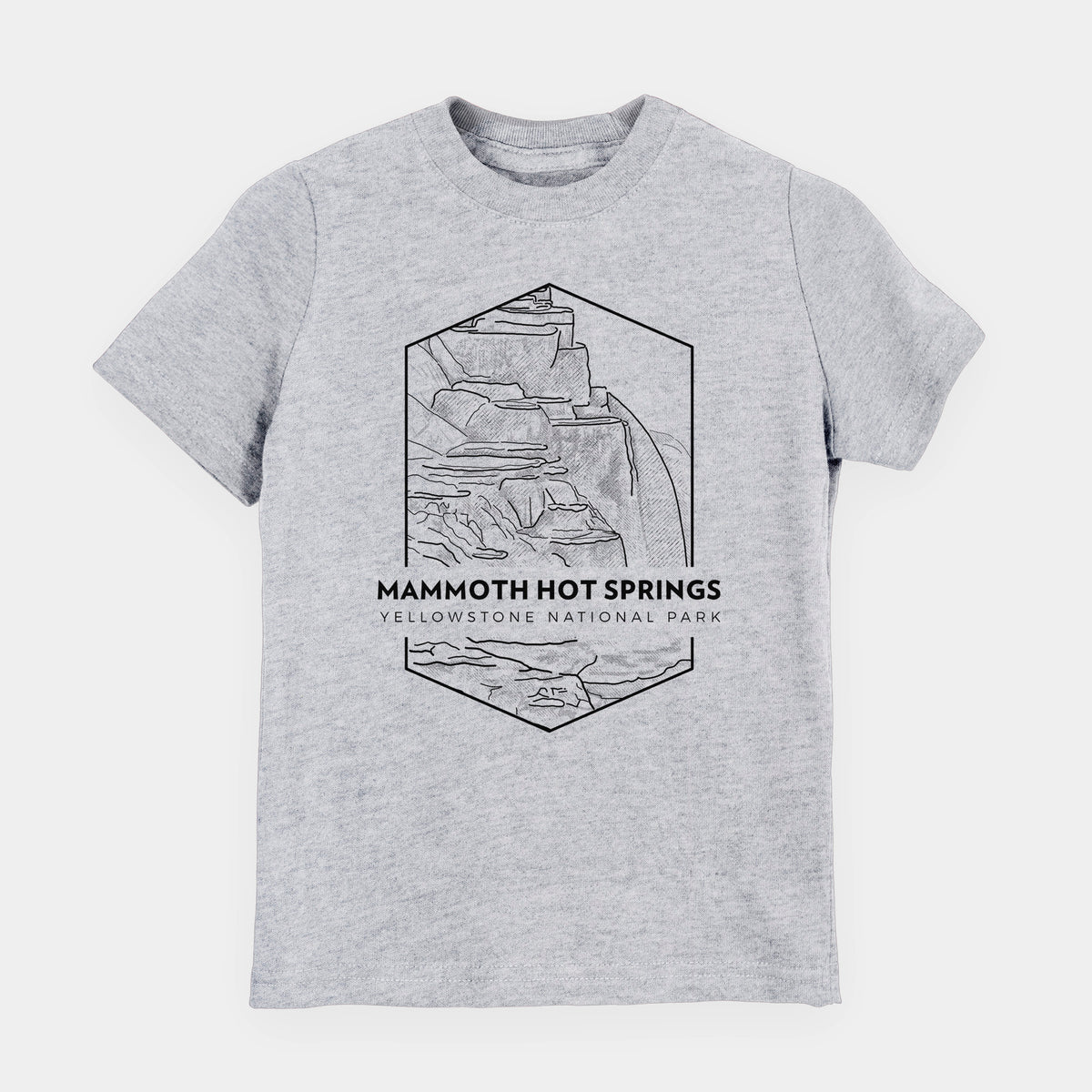 Heather grey youth t-shirt laid flat, printed with a black line art badge of the terraces at Mammoth Hot Springs, with the words Mammoth Hot Springs, Yellowstone National Park.