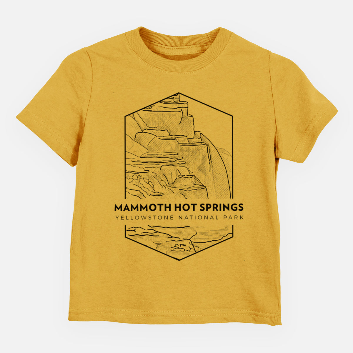 Honeycomb yellow toddler t-shirt laid flat, printed with a black line art badge of the terraces at Mammoth Hot Springs, with the words Mammoth Hot Springs, Yellowstone National Park.