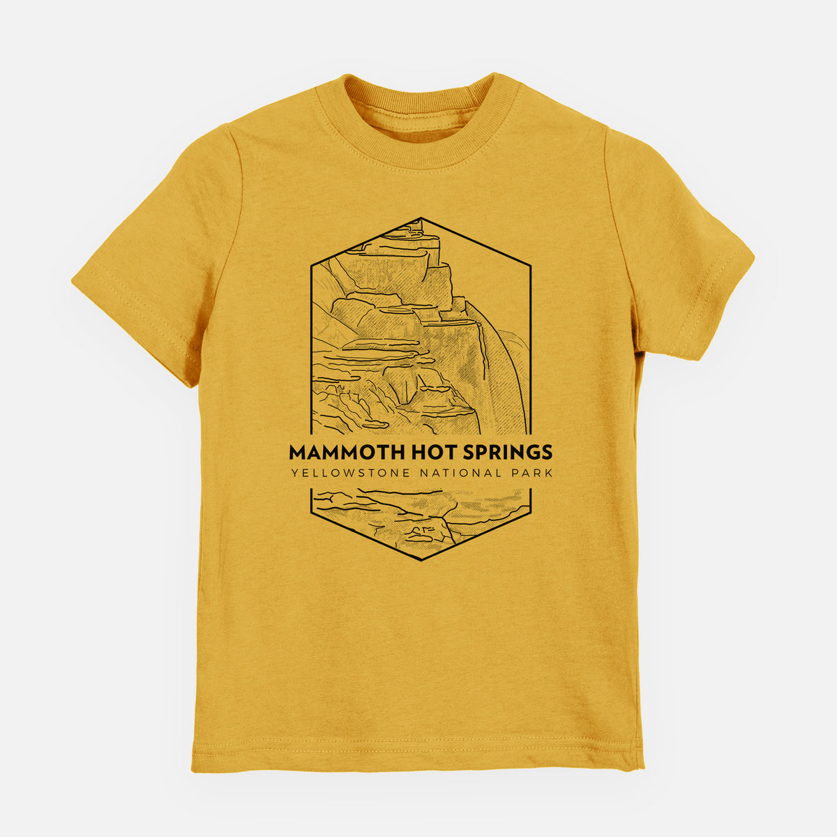 Honeycomb yellow youth t-shirt laid flat, printed with a black line art badge of the terraces at Mammoth Hot Springs, with the words Mammoth Hot Springs, Yellowstone National Park.