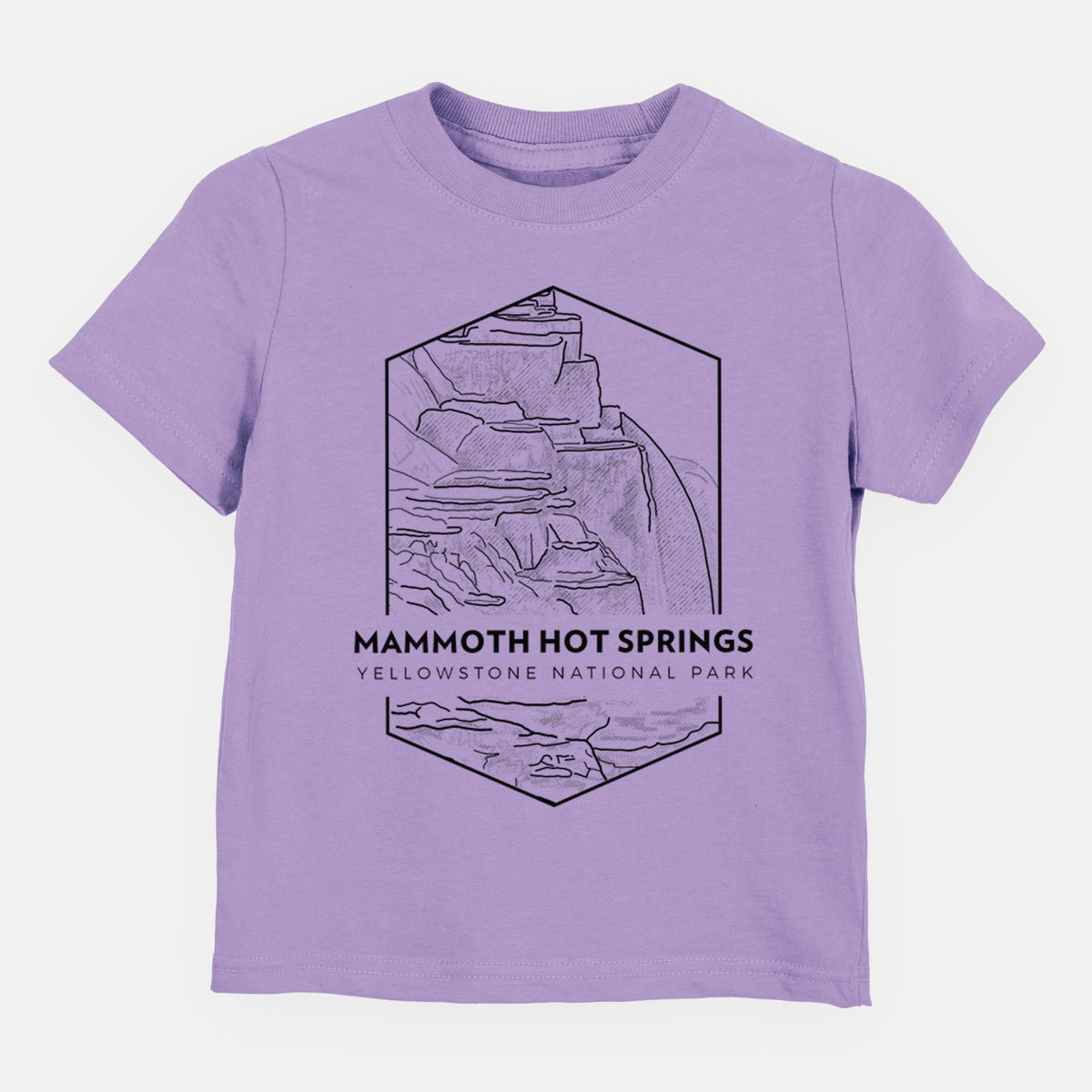 Lavender toddler t-shirt laid flat, printed with a black line art badge of the terraces at Mammoth Hot Springs, with the words Mammoth Hot Springs, Yellowstone National Park.