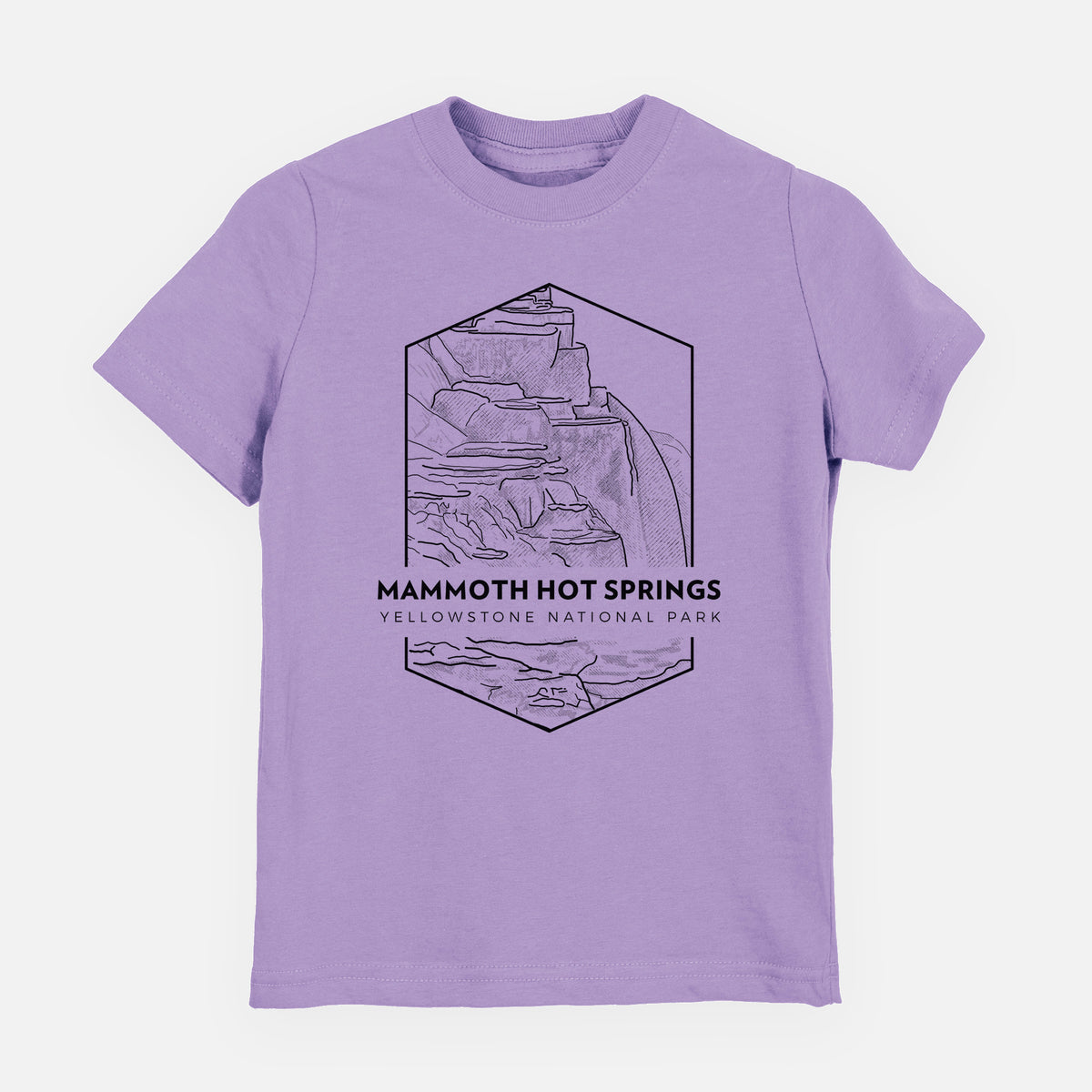 Lavender youth t-shirt laid flat, printed with a black line art badge of the terraces at Mammoth Hot Springs, with the words Mammoth Hot Springs, Yellowstone National Park.