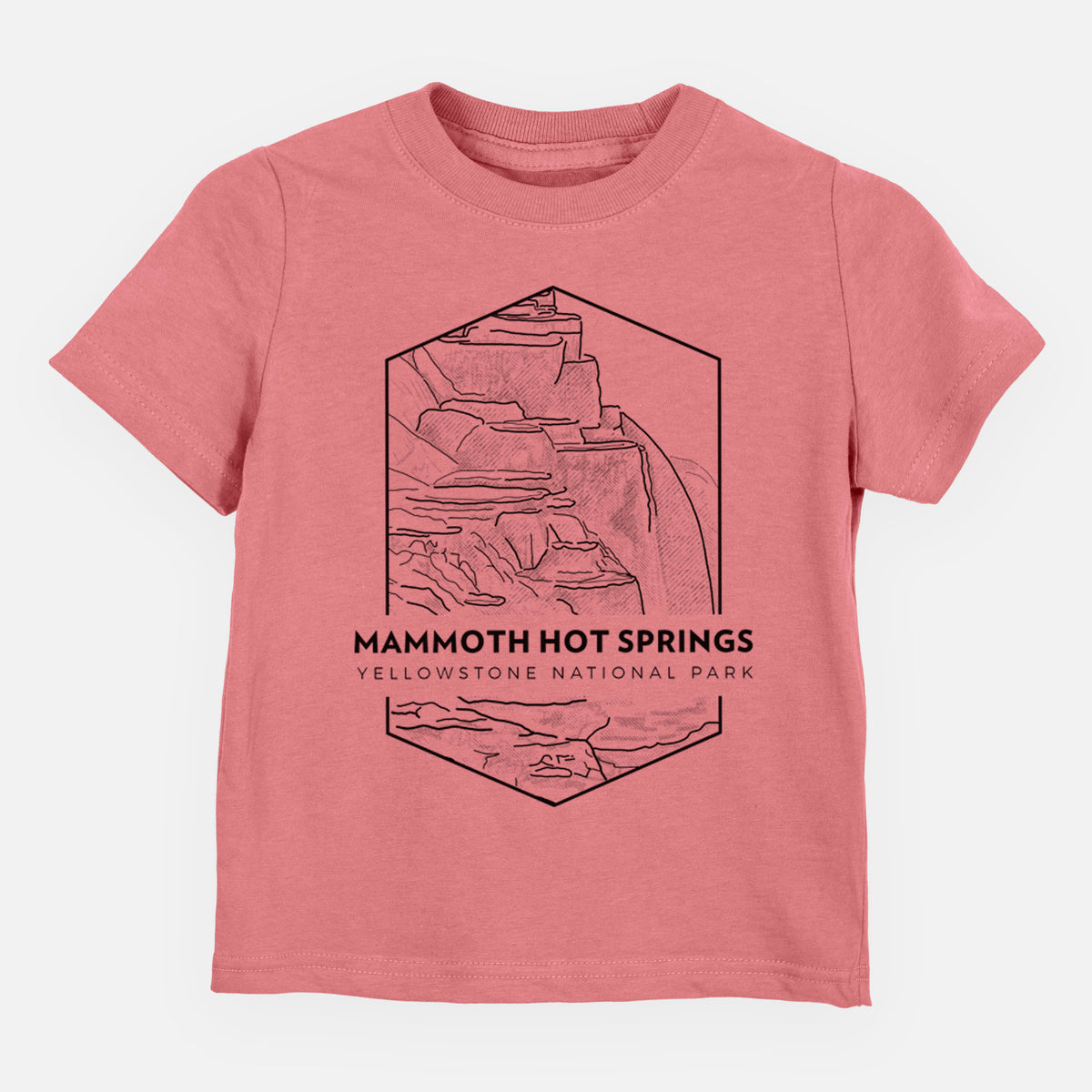 Mauve pink toddler t-shirt laid flat, printed with a black line art badge of the terraces at Mammoth Hot Springs, with the words Mammoth Hot Springs, Yellowstone National Park.