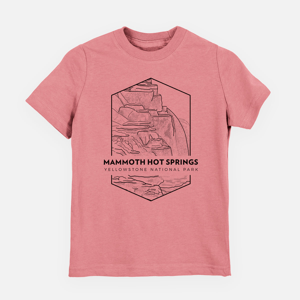 Mauve pink youth t-shirt laid flat, printed with a black line art badge of the terraces at Mammoth Hot Springs, with the words Mammoth Hot Springs, Yellowstone National Park.