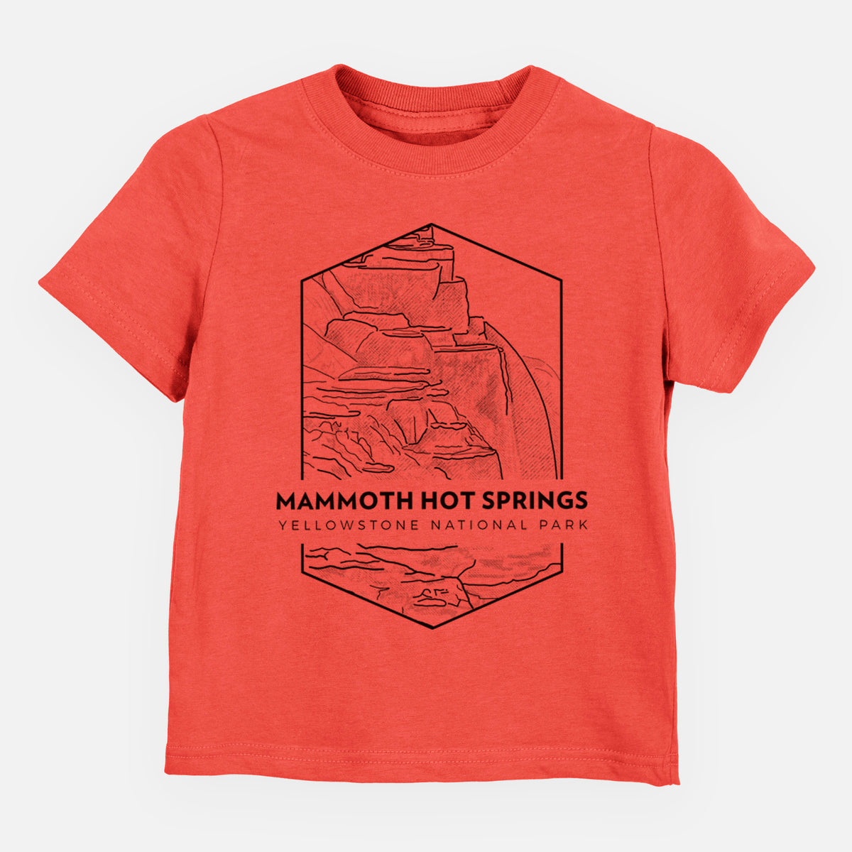 Passionfruit pink toddler t-shirt laid flat, printed with a black line art badge of the terraces at Mammoth Hot Springs, with the words Mammoth Hot Springs, Yellowstone National Park.