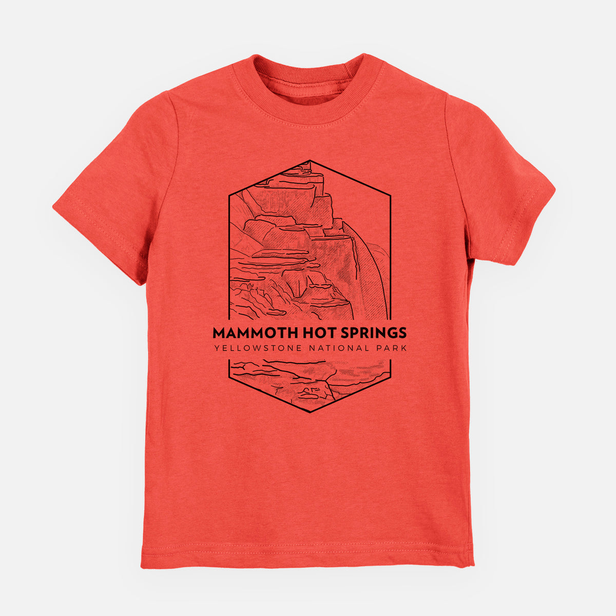 Passionfruit pink youth t-shirt laid flat, printed with a black line art badge of the terraces at Mammoth Hot Springs, with the words Mammoth Hot Springs, Yellowstone National Park.