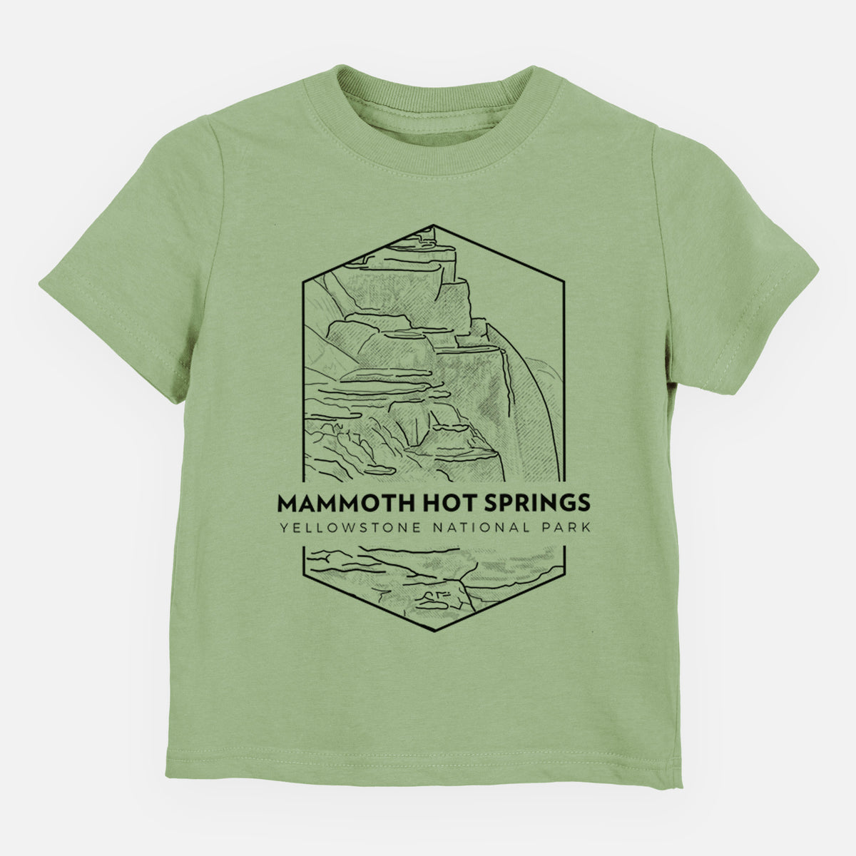 Sage green toddler t-shirt laid flat, printed with a black line art badge of the terraces at Mammoth Hot Springs, with the words Mammoth Hot Springs, Yellowstone National Park.