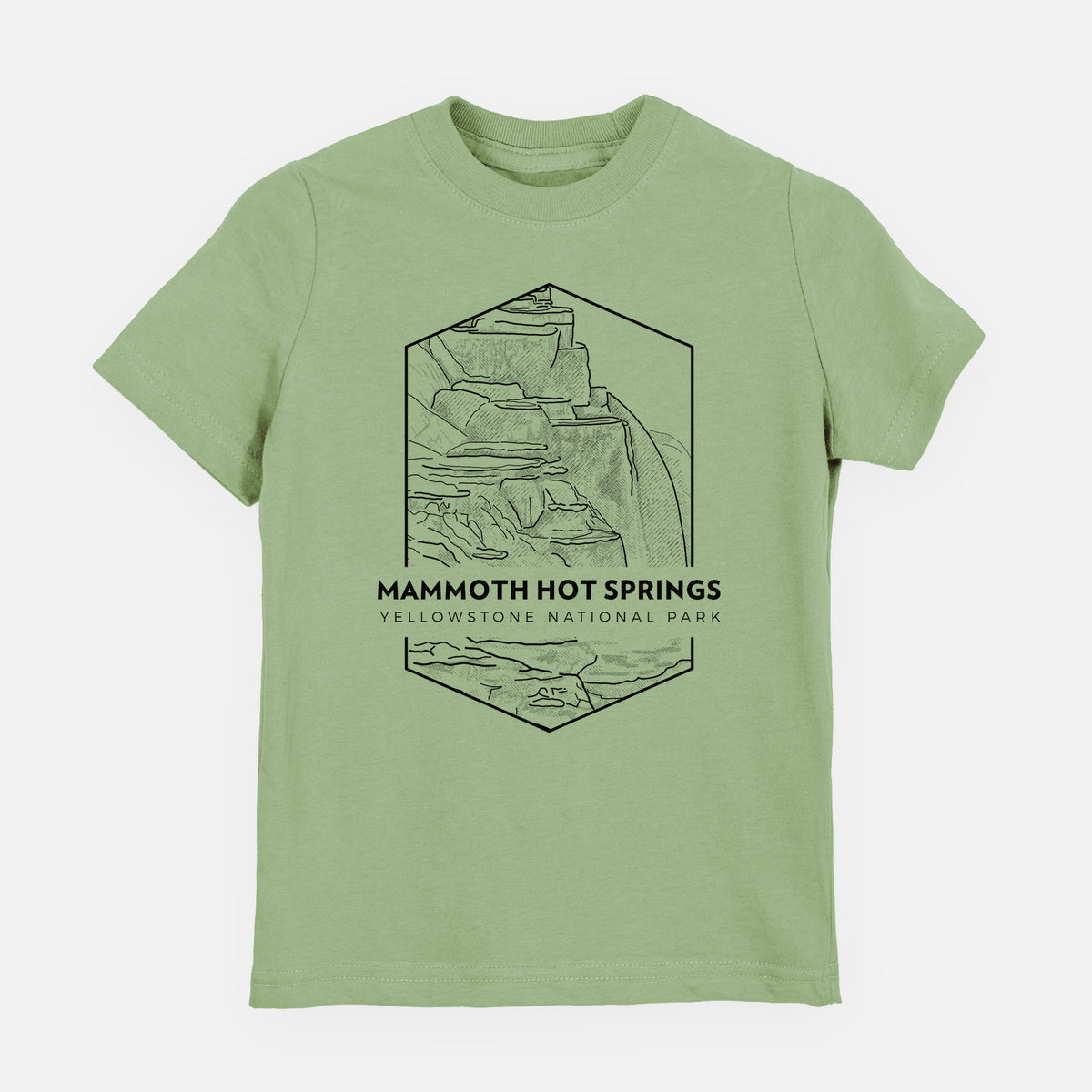 Sage green youth t-shirt laid flat, printed with a black line art badge of the terraces at Mammoth Hot Springs, with the words Mammoth Hot Springs, Yellowstone National Park.