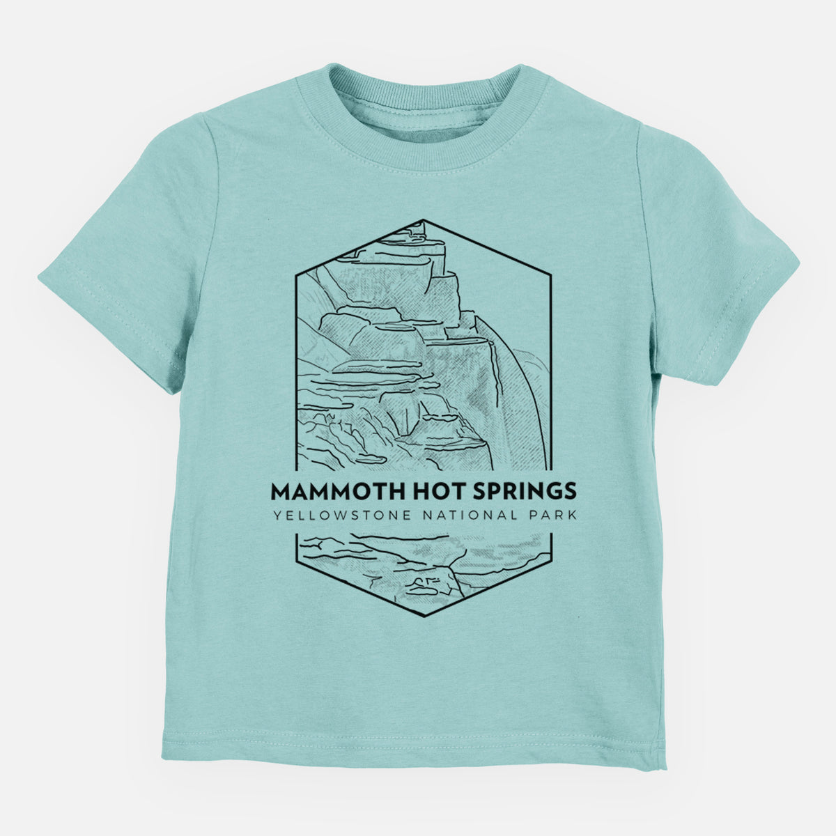 Saltwater toddler t-shirt laid flat, printed with a black line art badge of the terraces at Mammoth Hot Springs, with the words Mammoth Hot Springs, Yellowstone National Park.