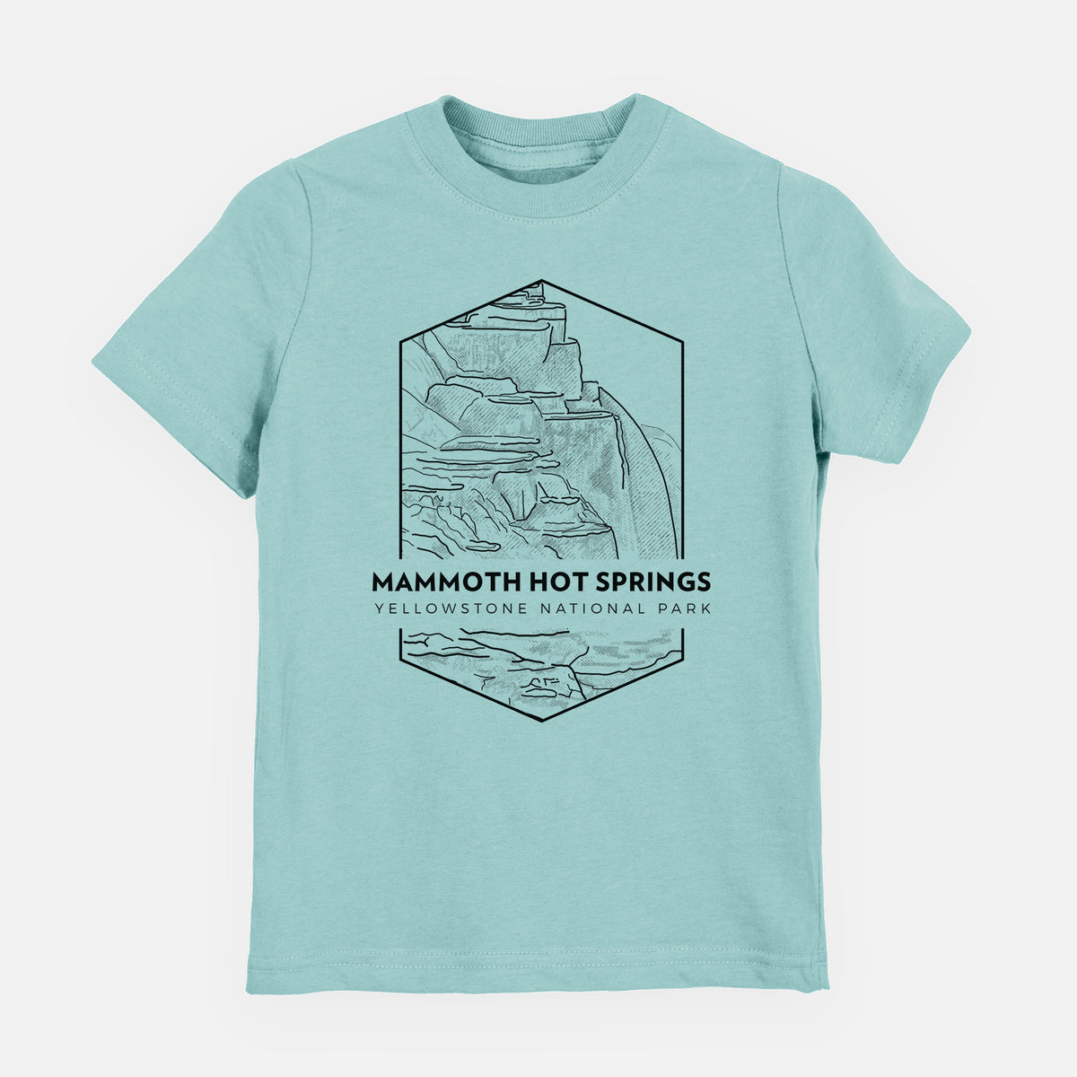 Saltwater youth t-shirt laid flat, printed with a black line art badge of the terraces at Mammoth Hot Springs, with the words Mammoth Hot Springs, Yellowstone National Park.