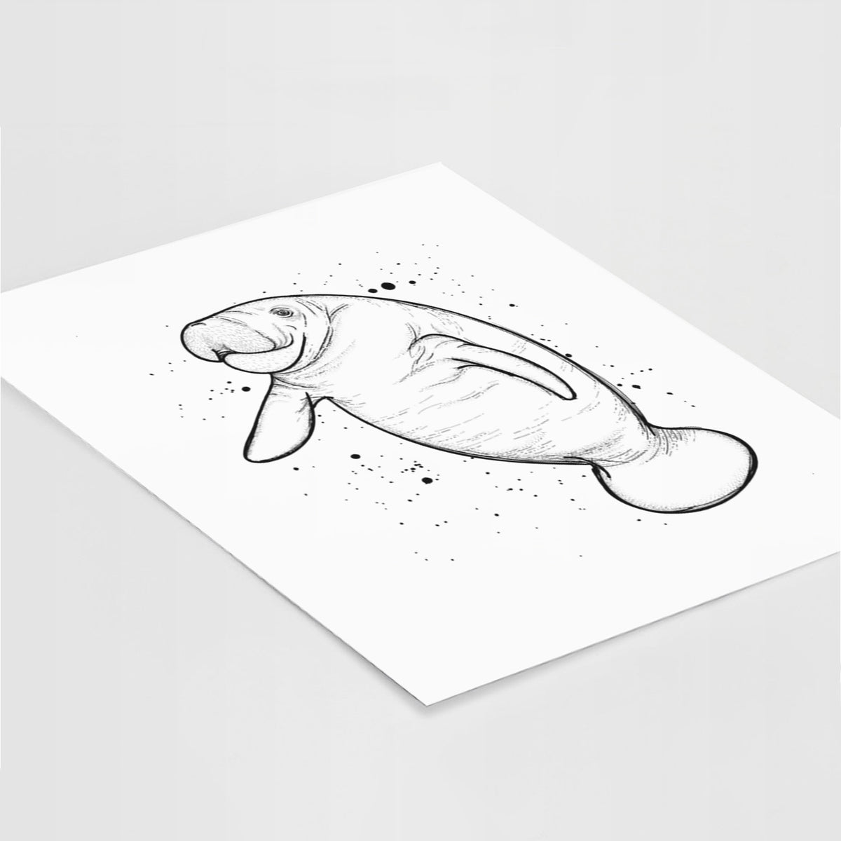 Art print of a black ink line drawing of a manatee swimming, with ink splatters, lying at an angle on a white surface.