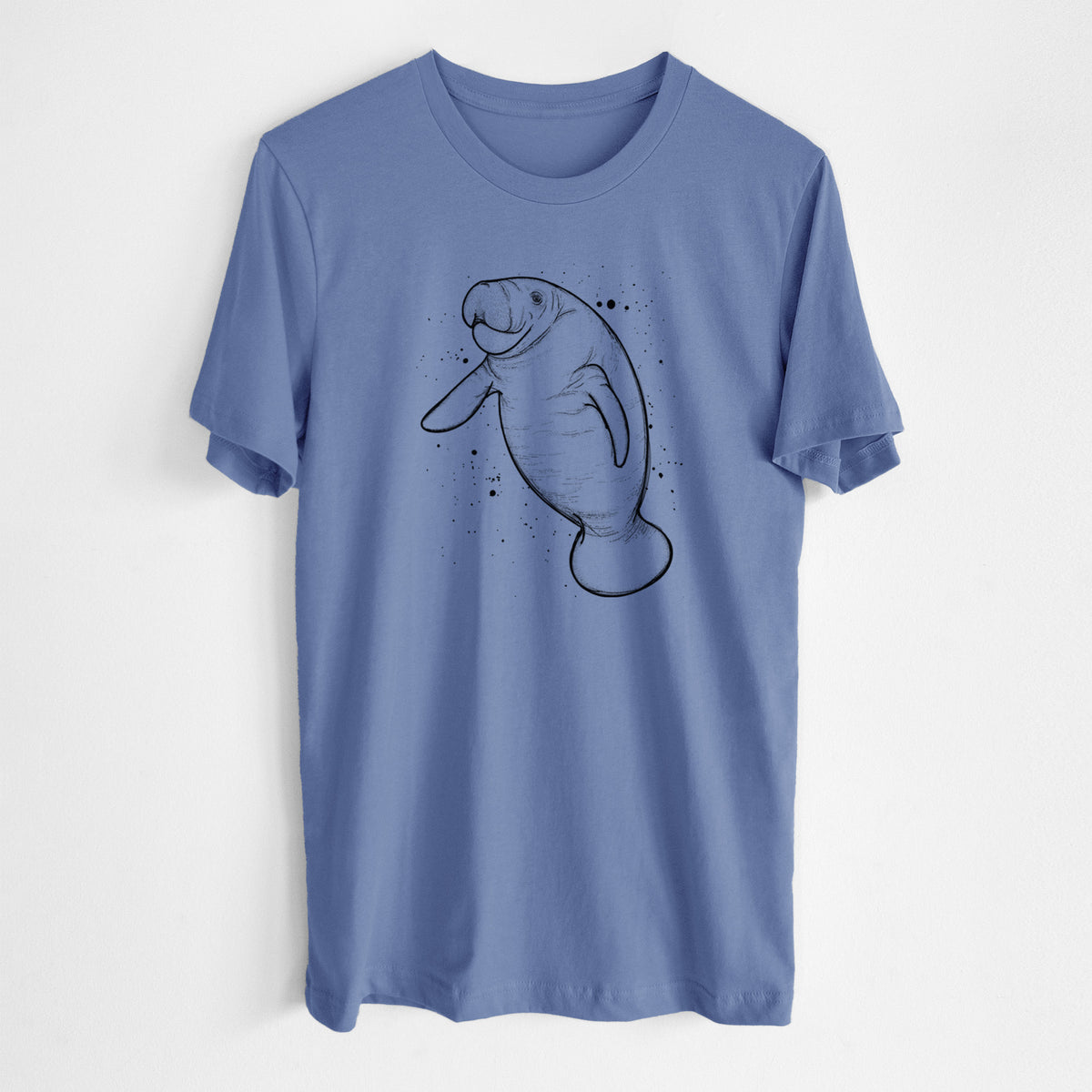 Blue bell lightweight cotton t-shirt laid flat, printed with a black ink line drawing of a manatee swimming, with ink splatters.